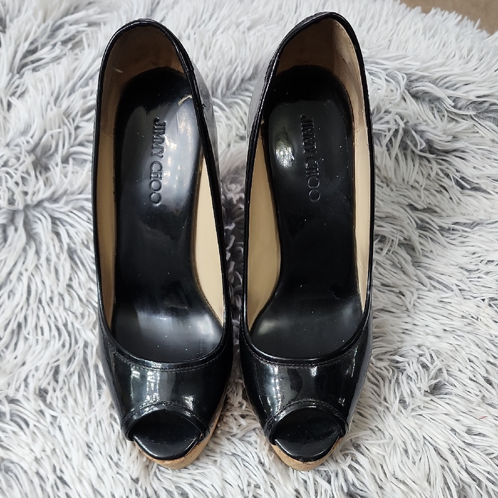Jimmy Choo Glossy Black Peep Toe Heels